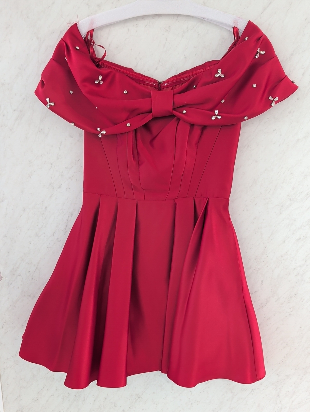✨ Blondie Nites Red Rhinestone Bow Off-The-Shoulder Mini Dress - Size 7 ✨